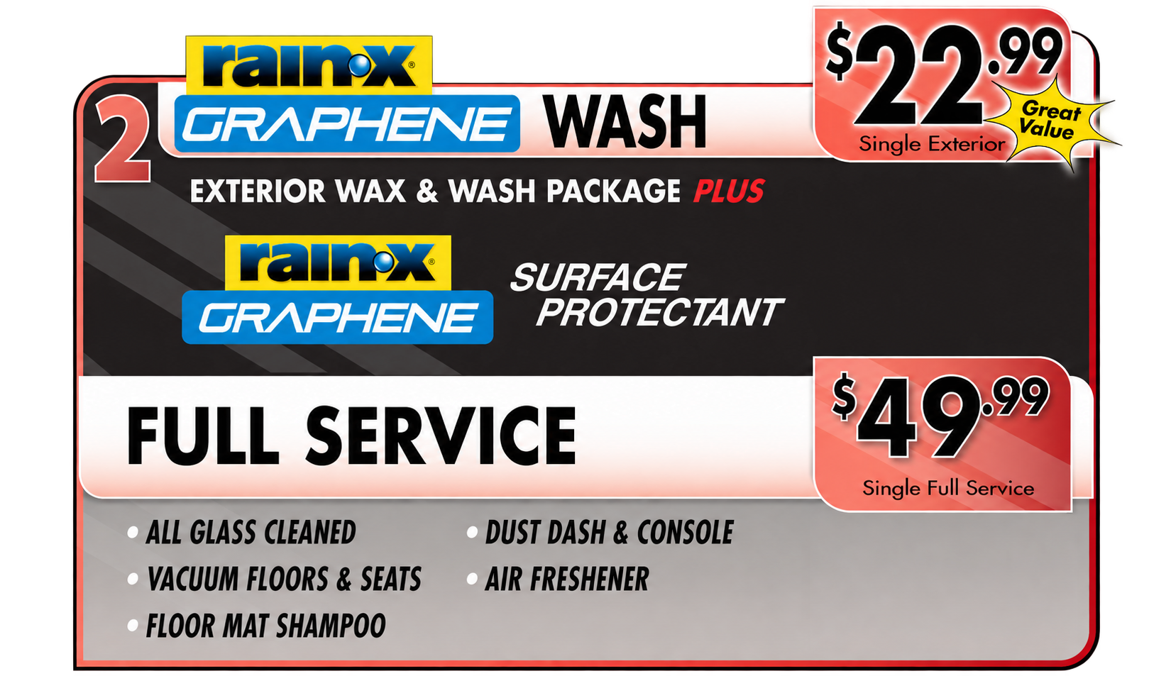 Rain-x exterior and full service car wash options